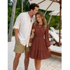 MEROKEETY Women’s Fall Long Puff Sleeve Casual Boho Flowy Dress | Crew Neck, Elastic Waist, Tiered Ruffle Hem, Cotton A Line Mini Vacation Dresses, Bridal Shower, Cocktail Date Night Outfits(Brown Red)
