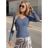 MEROKEETY Womens Fall Long Sleeve Cable Knit Shirts Trendy Top | V Neck, Fitted, Lightweight, Stretchy Textured Knit, Going Out Outfits, Business Casual Blouse, Dressy Work Top, Y2K Clothes(Dusty Blue)