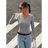 MEROKEETY Womens Fall Long Sleeve Cable Knit Shirts Trendy Top | V Neck, Fitted, Lightweight, Stretchy Textured Knit, Going Out Outfits, Business Casual Blouse, Dressy Work Top, Y2K Clothes(Grey)