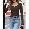 MEROKEETY Womens Fall Long Sleeve Fitted Henley T Shirt Top 2026 Trendy | Fashion Must Have, Scoop Neck, Casual, Ribbed Knit, Buttons, Basic, Soft, Lightweight, Flattering, Cute, Cinched Waist(Coffee)