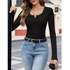 MEROKEETY Womens Fall Long Sleeve Fitted Henley T Shirt Top 2026 Trendy | Fashion Must Have, Scoop Neck, Casual, Ribbed Knit, Buttons, Basic, Soft, Lightweight, Flattering, Cute, Cinched Waist(Black)