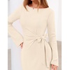 MEROKEETY Women’s Fall Long Sleeve Midi Dress Tie Waist Boat Neck Back Slit Ruched Elegant Wedding Guest Cocktail Dresses(Apricot)