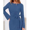 MEROKEETY Women’s Fall Long Sleeve Midi Dress Tie Waist Boat Neck Back Slit Ruched Elegant Wedding Guest Cocktail Dresses(Dustyblue)