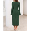 MEROKEETY Women’s Fall Long Sleeve Midi Dress Tie Waist Boat Neck Back Slit Ruched Elegant Wedding Guest Cocktail Dresses(Green)