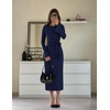MEROKEETY Women’s Fall Long Sleeve Midi Dress Tie Waist Boat Neck Back Slit Ruched Elegant Wedding Guest Cocktail Dresses(Navy)