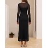 MEROKEETY Women’s Fall Mesh Wedding Guest Cocktail Bodycon Slit Maxi Dress | Sheer Long Sleeve, Ruched, Long, Ruffle Side Slit, Stretchy, Lightweight, Formal Elengant Sexy, Party, Baby Shower, Prom Hoco(Black)