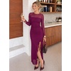 MEROKEETY Women’s Fall Mesh Wedding Guest Cocktail Bodycon Slit Maxi Dress | Sheer Long Sleeve, Ruched, Long, Ruffle Side Slit, Stretchy, Lightweight, Formal Elengant Sexy, Party, Baby Shower, Prom Hoco(Fuchsia)