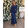 MEROKEETY Women’s Fall Wedding Guest Bodycon Floral Maxi Dresses | Long Sleeve, Ruched, Formal, Elegant, Cocktail Party, Boat Neck, Lace Jacquard Knit, Mermaid Hem, Sheer Sleeves, Long Dress(Navy)