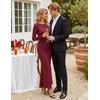 MEROKEETY Women’s Fall Wedding Guest Bodycon Floral Maxi Dresses | Long Sleeve, Ruched, Formal, Elegant, Cocktail Party, Boat Neck, Lace Jacquard Knit, Mermaid Hem, Sheer Sleeves, Long Dress(Burgundy)