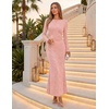 MEROKEETY Women’s Fall Wedding Guest Bodycon Floral Maxi Dresses | Long Sleeve, Ruched, Formal, Elegant, Cocktail Party, Boat Neck, Lace Jacquard Knit, Mermaid Hem, Sheer Sleeves, Long Dress(Pink)
