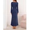MEROKEETY Women’s Fall Wedding Guest Bodycon Floral Maxi Dresses | Long Sleeve, Ruched, Formal, Elegant, Cocktail Party, Boat Neck, Lace Jacquard Knit, Mermaid Hem, Sheer Sleeves, Long Dress(Navy)