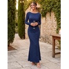 MEROKEETY Women’s Fall Wedding Guest Bodycon Floral Maxi Dresses | Long Sleeve, Ruched, Formal, Elegant, Cocktail Party, Boat Neck, Lace Jacquard Knit, Mermaid Hem, Sheer Sleeves, Long Dress(Navy)