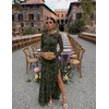 MEROKEETY Women’s Fall Wedding Guest Cocktail Maxi Dresses | Long Sleeve, Floral, Boat Neck, Bodycon, Asymmetric Ruffle Hem, Mesh, Sexy High Slit, Floor Length, 2026 Formal Long Dress(Army Green)