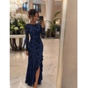 MEROKEETY Women’s Fall Wedding Guest Cocktail Maxi Dresses | Long Sleeve, Floral, Boat Neck, Bodycon, Asymmetric Ruffle Hem, Mesh, Sexy High Slit, Floor Length, 2026 Formal Long Dress(Navy)