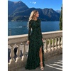 MEROKEETY Women’s Fall Wedding Guest Cocktail Maxi Dresses | Long Sleeve, Floral, Boat Neck, Bodycon, Asymmetric Ruffle Hem, Mesh, Sexy High Slit, Floor Length, 2026 Formal Long Dress(Dark Green)