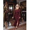 MEROKEETY Women’s Fall Wedding Guest Cocktail Maxi Dresses | Long Sleeve, Floral, Boat Neck, Bodycon, Asymmetric Ruffle Hem, Mesh, Sexy High Slit, Floor Length, 2026 Formal Long Dress(Wine)