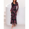 MEROKEETY Womens Fall Wedding Guest Floral Long Sleeve Bodycon Maxi Dress | 2026, Formal, V Neck, Ruffle Trim, Cocktail Party, Rehearsal Dinner, Bridal Shower, Baby Shower, Engagement, Long Dresses(Black)