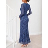 MEROKEETY Womens Fall Wedding Guest Floral Long Sleeve Bodycon Maxi Dress | 2026, Formal, V Neck, Ruffle Trim, Cocktail Party, Rehearsal Dinner, Bridal Shower, Baby Shower, Engagement, Long Dresses(Dustyblue)