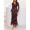 MEROKEETY Womens Fall Wedding Guest Floral Long Sleeve Bodycon Maxi Dress | 2026, Formal, V Neck, Ruffle Trim, Cocktail Party, Rehearsal Dinner, Bridal Shower, Baby Shower, Engagement, Long Dresses(Coffee)
