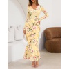 MEROKEETY Womens Fall Wedding Guest Floral Long Sleeve Bodycon Maxi Dress | 2026, Formal, V Neck, Ruffle Trim, Cocktail Party, Rehearsal Dinner, Bridal Shower, Baby Shower, Engagement, Long Dresses(Yellow)