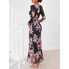 MEROKEETY Womens Fall Wedding Guest Floral Long Sleeve Bodycon Maxi Dress | 2026, Formal, V Neck, Ruffle Trim, Cocktail Party, Rehearsal Dinner, Bridal Shower, Baby Shower, Engagement, Long Dresses(Pink)