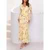 MEROKEETY Womens Fall Wedding Guest Floral Long Sleeve Bodycon Maxi Dress | 2026, Formal, V Neck, Ruffle Trim, Cocktail Party, Rehearsal Dinner, Bridal Shower, Baby Shower, Engagement, Long Dresses(Yellow)