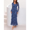 MEROKEETY Womens Fall Wedding Guest Floral Long Sleeve Bodycon Maxi Dress | 2026, Formal, V Neck, Ruffle Trim, Cocktail Party, Rehearsal Dinner, Bridal Shower, Baby Shower, Engagement, Long Dresses(Dustyblue)