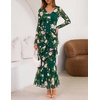 MEROKEETY Womens Fall Wedding Guest Floral Long Sleeve Bodycon Maxi Dress | 2026, Formal, V Neck, Ruffle Trim, Cocktail Party, Rehearsal Dinner, Bridal Shower, Baby Shower, Engagement, Long Dresses(Green)