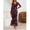 MEROKEETY Womens Fall Wedding Guest Floral Long Sleeve Bodycon Maxi Dress | 2026, Formal, V Neck, Ruffle Trim, Cocktail Party, Rehearsal Dinner, Bridal Shower, Baby Shower, Engagement, Long Dresses(Coffee)