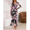 MEROKEETY Womens Fall Wedding Guest Floral Long Sleeve Bodycon Maxi Dress | 2026, Formal, V Neck, Ruffle Trim, Cocktail Party, Rehearsal Dinner, Bridal Shower, Baby Shower, Engagement, Long Dresses(Pink)