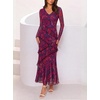 MEROKEETY Womens Fall Wedding Guest Floral Long Sleeve Bodycon Maxi Dress | 2026, Formal, V Neck, Ruffle Trim, Cocktail Party, Rehearsal Dinner, Bridal Shower, Baby Shower, Engagement, Long Dresses(Purple)