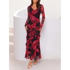 MEROKEETY Womens Fall Wedding Guest Floral Long Sleeve Bodycon Maxi Dress | 2026, Formal, V Neck, Ruffle Trim, Cocktail Party, Rehearsal Dinner, Bridal Shower, Baby Shower, Engagement, Long Dresses(Red)