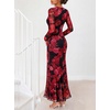 MEROKEETY Womens Fall Wedding Guest Floral Long Sleeve Bodycon Maxi Dress | 2026, Formal, V Neck, Ruffle Trim, Cocktail Party, Rehearsal Dinner, Bridal Shower, Baby Shower, Engagement, Long Dresses(Red)