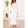 MEROKEETY Womens Fall Wedding Guest Long Sleeve Floral Mesh Maxi Dress 2026 | Formal, Square Neck, Bodycon, Fitted, Ruched, Flocked Fabric, Church, Baby Shower, Bridal Shower, Cocktail Party, Long Dress(White)
