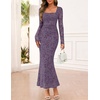 MEROKEETY Womens Fall Wedding Guest Long Sleeve Floral Mesh Maxi Dress 2026 | Formal, Square Neck, Bodycon, Fitted, Ruched, Flocked Fabric, Church, Baby Shower, Bridal Shower, Cocktail Party, Long Dress(Purple)