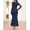 MEROKEETY Womens Fall Wedding Guest Long Sleeve Floral Mesh Maxi Dress 2026 | Formal, Square Neck, Bodycon, Fitted, Ruched, Flocked Fabric, Church, Baby Shower, Bridal Shower, Cocktail Party, Long Dress(Navy)