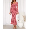 MEROKEETY Womens Fall Wedding Guest Long Sleeve Floral Mesh Maxi Dress 2026 | Formal, Square Neck, Bodycon, Fitted, Ruched, Flocked Fabric, Church, Baby Shower, Bridal Shower, Cocktail Party, Long Dress(Pink)