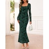 MEROKEETY Womens Fall Wedding Guest Long Sleeve Floral Mesh Maxi Dress 2026 | Formal, Square Neck, Bodycon, Fitted, Ruched, Flocked Fabric, Church, Baby Shower, Bridal Shower, Cocktail Party, Long Dress(Darkgreen)