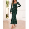 MEROKEETY Womens Fall Wedding Guest Long Sleeve Floral Mesh Maxi Dress 2026 | Formal, Square Neck, Bodycon, Fitted, Ruched, Flocked Fabric, Church, Baby Shower, Bridal Shower, Cocktail Party, Long Dress(Darkgreen)