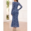 MEROKEETY Womens Fall Wedding Guest Long Sleeve Floral Mesh Maxi Dress 2026 | Formal, Square Neck, Bodycon, Fitted, Ruched, Flocked Fabric, Church, Baby Shower, Bridal Shower, Cocktail Party, Long Dress(Dustyblue)