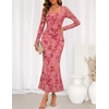 MEROKEETY Womens Fall Wedding Guest Long Sleeve Floral Mesh Maxi Dress 2026 | Formal, Square Neck, Bodycon, Fitted, Ruched, Flocked Fabric, Church, Baby Shower, Bridal Shower, Cocktail Party, Long Dress(Pink)