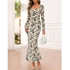 MEROKEETY Womens Fall Wedding Guest Long Sleeve Floral Mesh Maxi Dress 2026 | Formal, Square Neck, Bodycon, Fitted, Ruched, Flocked Fabric, Church, Baby Shower, Bridal Shower, Cocktail Party, Long Dress(Apricot)