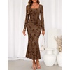 MEROKEETY Womens Fall Wedding Guest Long Sleeve Floral Mesh Maxi Dress 2026 | Formal, Square Neck, Bodycon, Fitted, Ruched, Flocked Fabric, Church, Baby Shower, Bridal Shower, Cocktail Party, Long Dress(Brown)