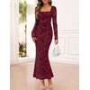 MEROKEETY Womens Fall Wedding Guest Long Sleeve Floral Mesh Maxi Dress 2026 | Formal, Square Neck, Bodycon, Fitted, Ruched, Flocked Fabric, Church, Baby Shower, Bridal Shower, Cocktail Party, Long Dress(Wine)