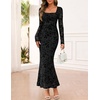 MEROKEETY Womens Fall Wedding Guest Long Sleeve Floral Mesh Maxi Dress 2026 | Formal, Square Neck, Bodycon, Fitted, Ruched, Flocked Fabric, Church, Baby Shower, Bridal Shower, Cocktail Party, Long Dress(Black)