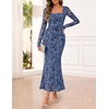 MEROKEETY Womens Fall Wedding Guest Long Sleeve Floral Mesh Maxi Dress 2026 | Formal, Square Neck, Bodycon, Fitted, Ruched, Flocked Fabric, Church, Baby Shower, Bridal Shower, Cocktail Party, Long Dress(Dustyblue)