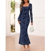 MEROKEETY Womens Fall Wedding Guest Long Sleeve Floral Mesh Maxi Dress 2026 | Formal, Square Neck, Bodycon, Fitted, Ruched, Flocked Fabric, Church, Baby Shower, Bridal Shower, Cocktail Party, Long Dress(Navy)