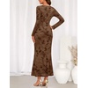 MEROKEETY Womens Fall Wedding Guest Long Sleeve Floral Mesh Maxi Dress 2026 | Formal, Square Neck, Bodycon, Fitted, Ruched, Flocked Fabric, Church, Baby Shower, Bridal Shower, Cocktail Party, Long Dress(Brown)