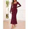 MEROKEETY Womens Fall Wedding Guest Long Sleeve Floral Mesh Maxi Dress 2026 | Formal, Square Neck, Bodycon, Fitted, Ruched, Flocked Fabric, Church, Baby Shower, Bridal Shower, Cocktail Party, Long Dress(Wine)