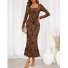 MEROKEETY Womens Fall Wedding Guest Long Sleeve Floral Mesh Maxi Dress 2026 | Formal, Square Neck, Bodycon, Fitted, Ruched, Flocked Fabric, Church, Baby Shower, Bridal Shower, Cocktail Party, Long Dress(Brown)
